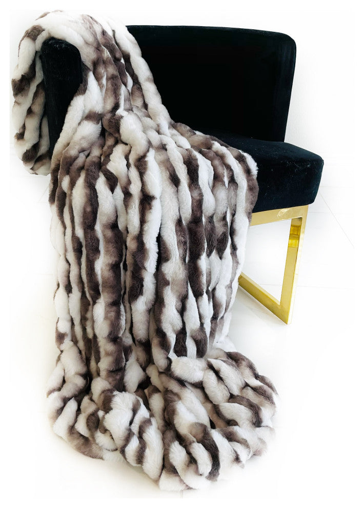 White Charcoal Snow Chinchilla Faux Fur Luxury Throw Blanket, Throw 60Wx84L