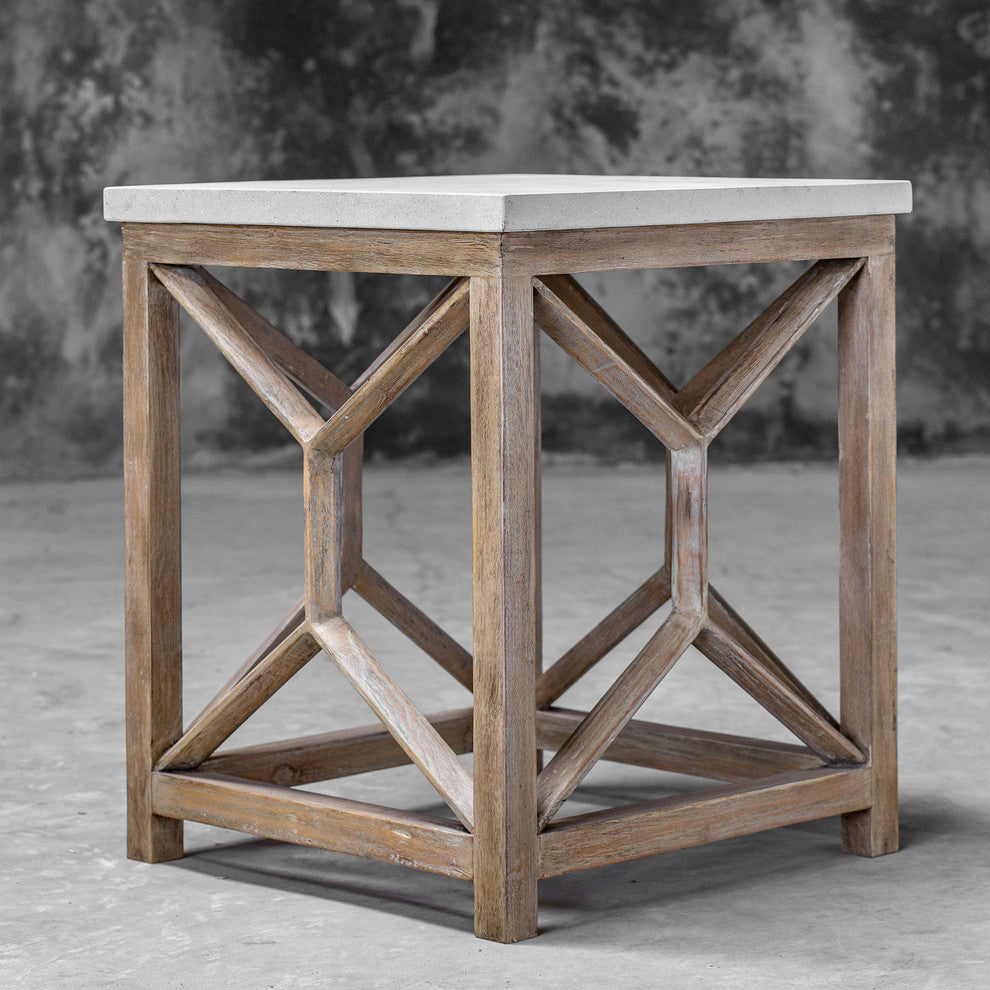 Open Light Weathered Wood Accent Table, Stone TopxNatural Minimalist Square