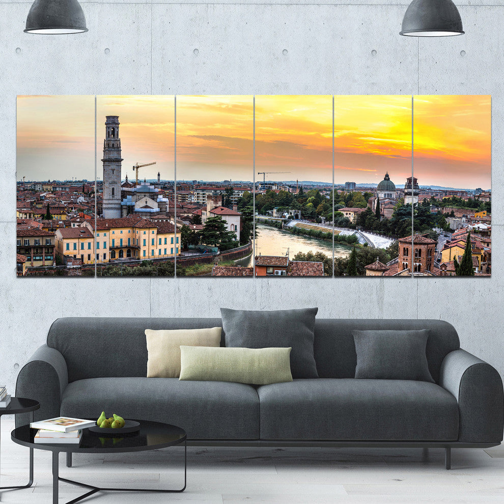 Verona at Sunset in Italy, Cityscape Canvas Art Print, 70"x28", 6 Panels