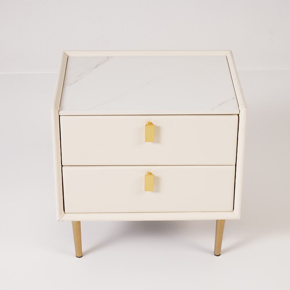 2 Drawers Nightstand PU Leather Bedside Table Nightstand with Gold Metal Legs