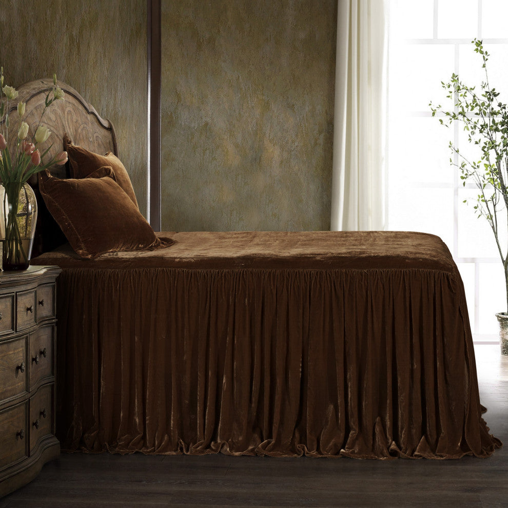 Stella Faux Silk Velvet Bedspread Set, 3PC, Copper Brown, Twin