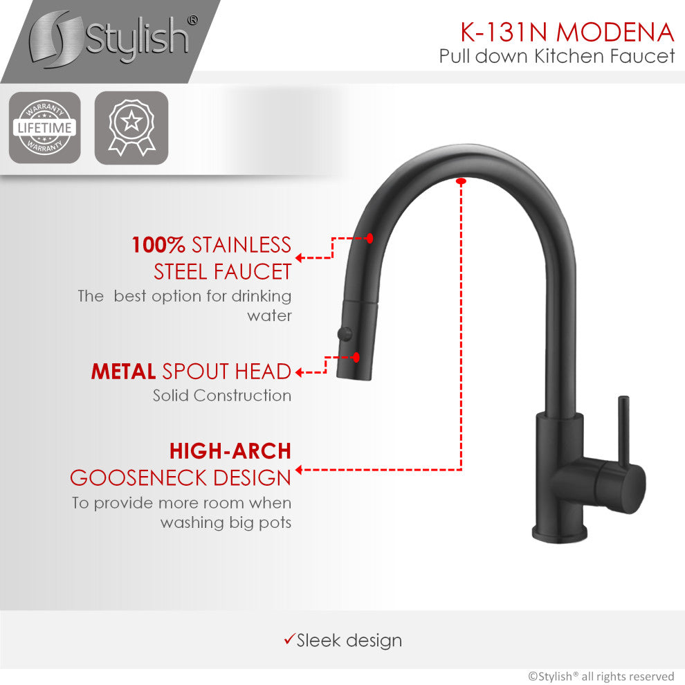 STYLISH Single Handle Pull Down Matte Black Kitchen Faucet