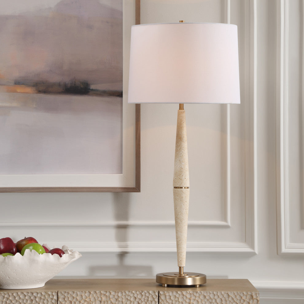 Contemporary Tapered Beige Travertine Stone 38in Slim Pole Table Lamp Minimalist