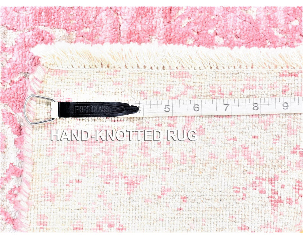 Pink Broken Persian Design Wool and Pure Silk Hand Knotted Runner Rug, 2'6"x7'9"