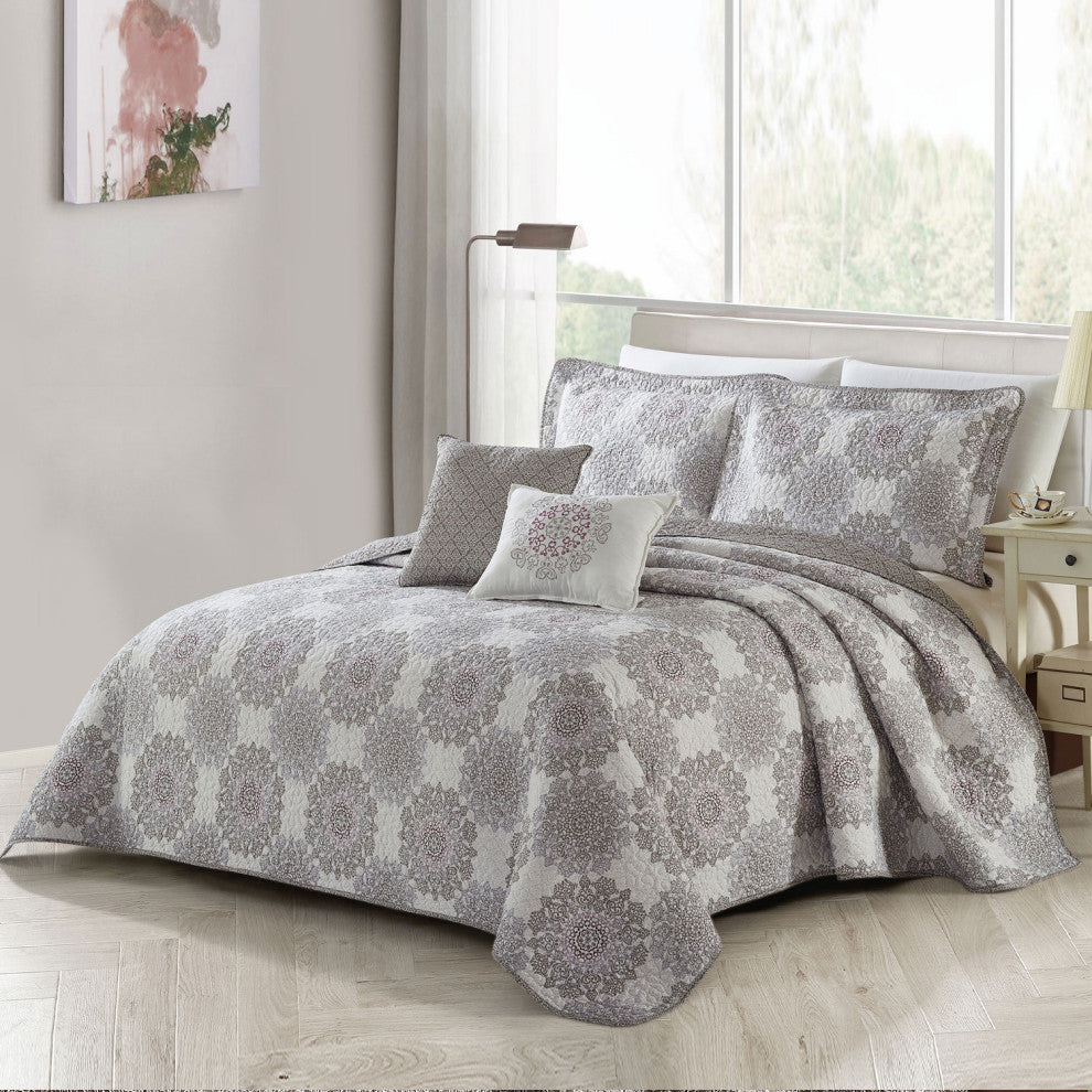 Serano Medallion Coverlet Bed Spread Set, Purple, Queen, 90"x90"