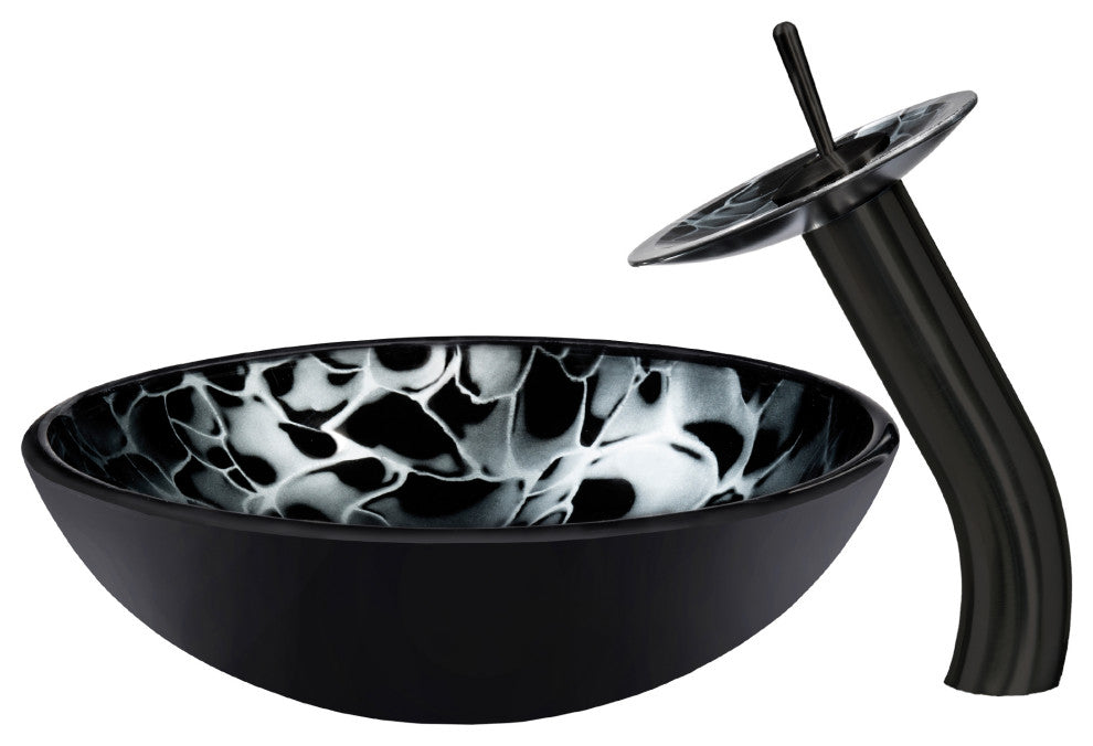 Tartaruga Hand Painted Tempered Glass Vessel Bathroom Sink Set, Matte Black