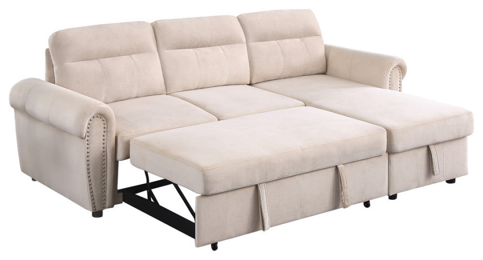 Ashton Velvet Fabric Reversible Sleeper Sectional Sofa Chaise, Beige