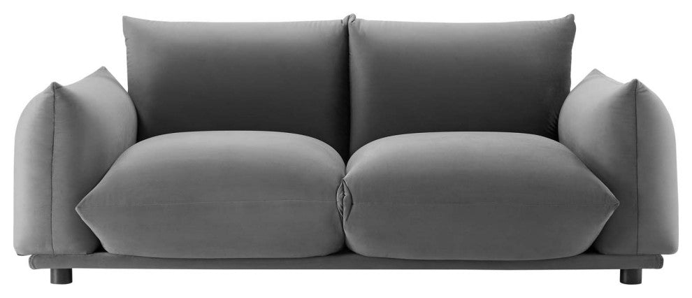 Loveseat Sofa, Velvet, Gray, Modern, Living Lounge Hotel Lobby Hospitality