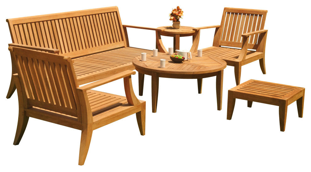 6-Piece Lagos Outdoor Teak Sofa Set With Sunbrella Cushions Linen Chilli