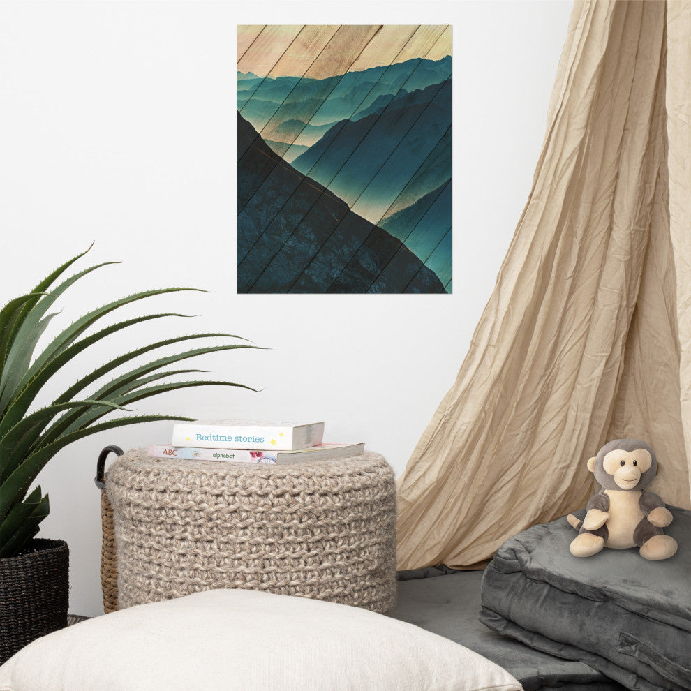 Faux Wood Misty Blue Silhouette Mountain Range Landscape Wall Art, 16" X 20"