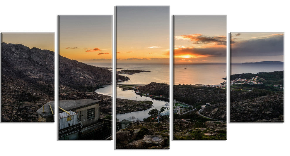 Ezaro Panorama Galicia Spain, Landscape Canvas Art Print, 60"x32", 5 Panels