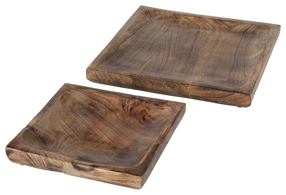 2 Piece Square Wood Plate Set, 13.75 Inches