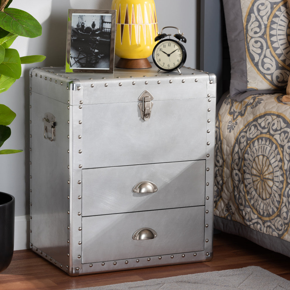 Glannant French Industrial Silver Metal 2-Drawer Accent Storage Chest
