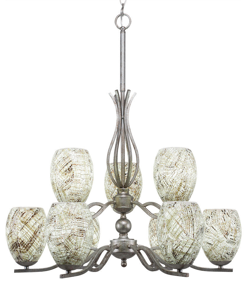 Revo 9 Light Chandelier Shown In Aged Silver Finish With 5" Natural Fusion Glass