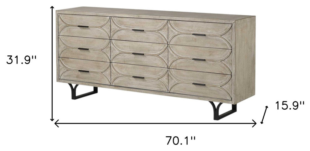 70" Light Brown Solid Wood Nine Drawer Sideboard