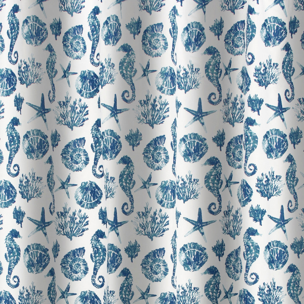 Benzara BM293486 Shower Curtain, Blue Seashells Print, Button Holes, Microfiber