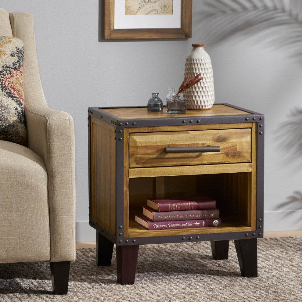 GDF Studio Glendora Solid Wood Single Drawer End Table Nightstand, Natural Stain