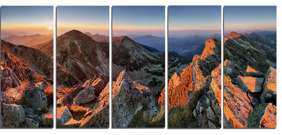 Majestic Sunset in Fall Mountains, Landscape Canvas Art Print, 60"x28", 5 Panels