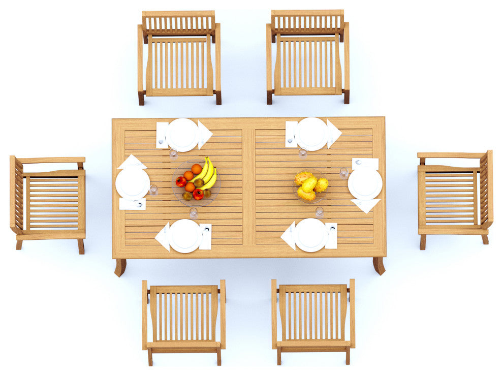 7-Piece Outdoor Teak Dining Set: 83" Rectangle Table, 6 Leveb Stacking Arm Chair