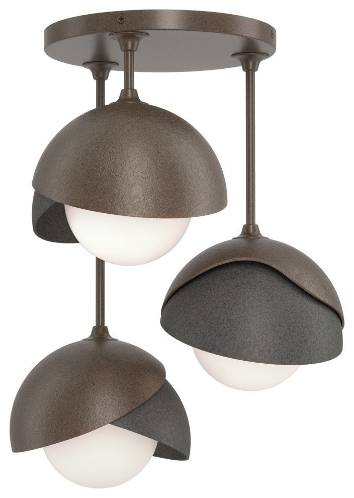 Brooklyn 3-Light Double Shade Semi-Flush, Bronze, Natural Iron, Opal Glass
