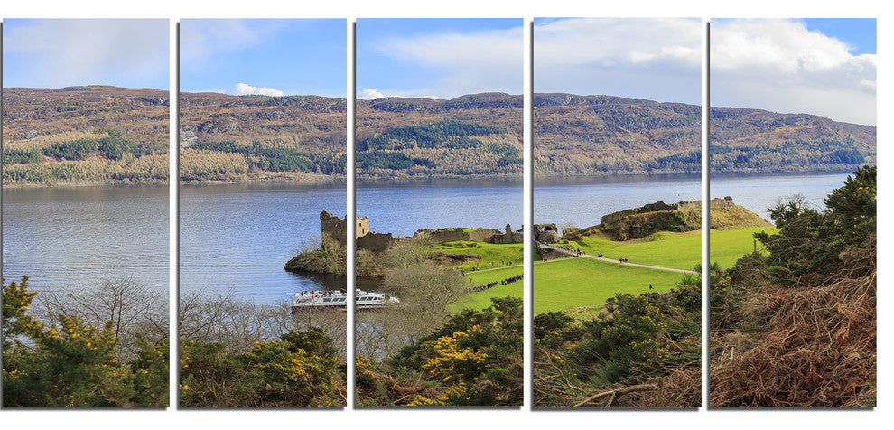Lago Ness and Urquhart Castle, Landscape Canvas Art Print, 60"x28", 5 Panels