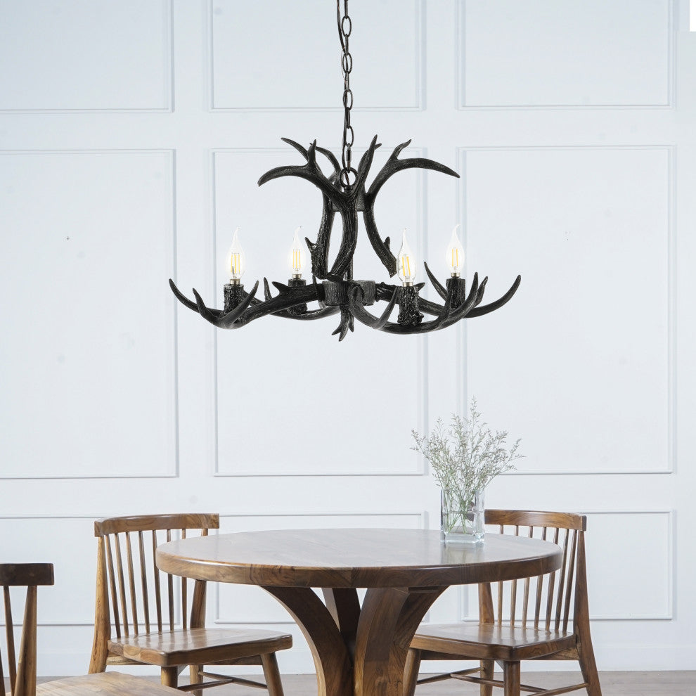 Eldora 26" Adjustable Resin Antler 4-Light LED Chandelier, Black
