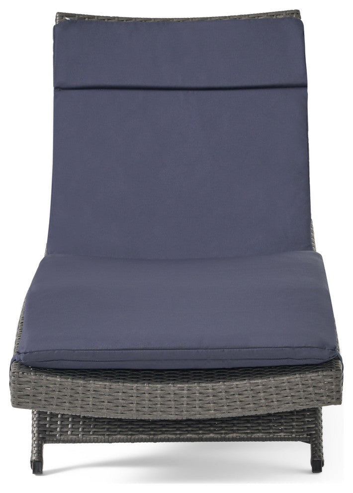 GDF Studio Nassau Outdoor Gray Wicker Chaise Lounge, Navy Blue Cushion