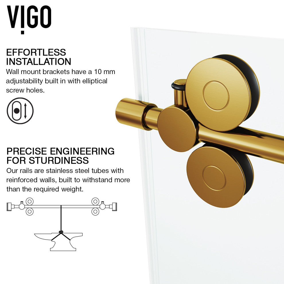 VIGO Elan 64" to 68" W x 74" H Frameless Sliding Shower Door, Matte Gold, Clear Glass