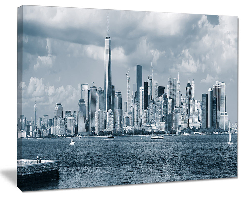 "Lower Manhattan Panorama Black White" Cityscape Wall Art, 20"x12"