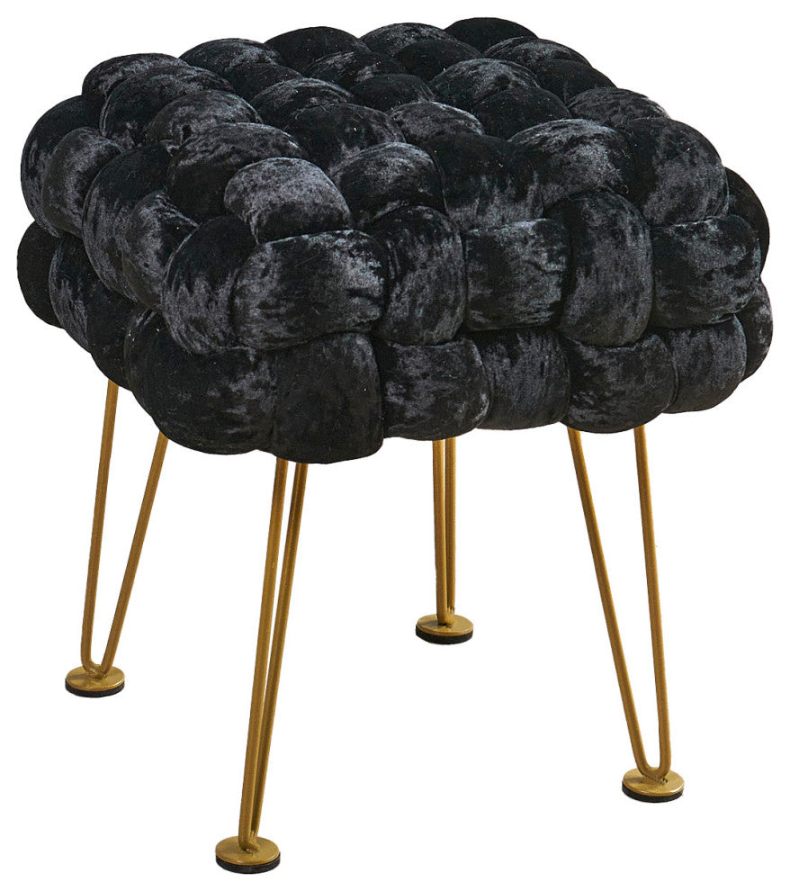 Crushed Velvet Pouf Stool, Jet Black, 16''x16''x16''