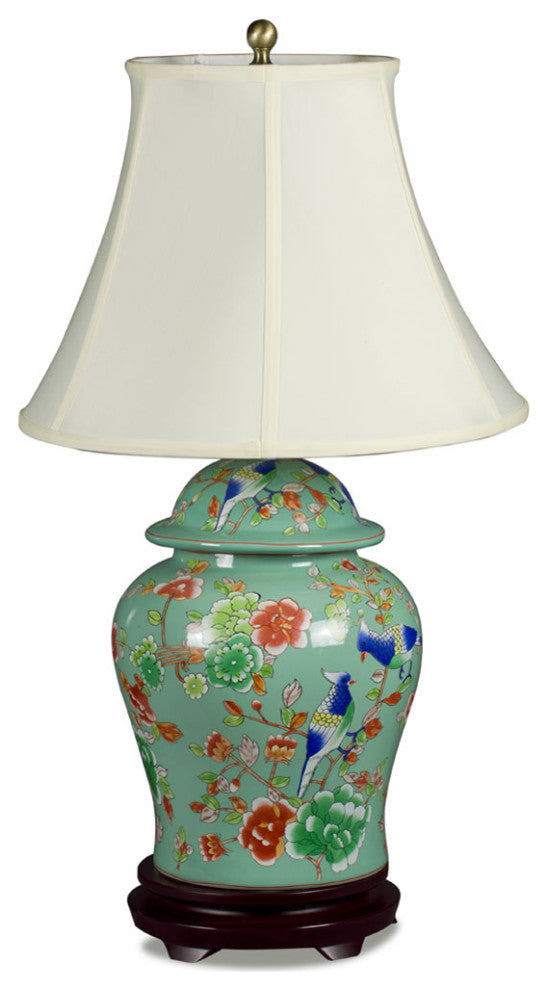 Light Teal Green Flower and Bird Motif Asian Porcelain Lamp