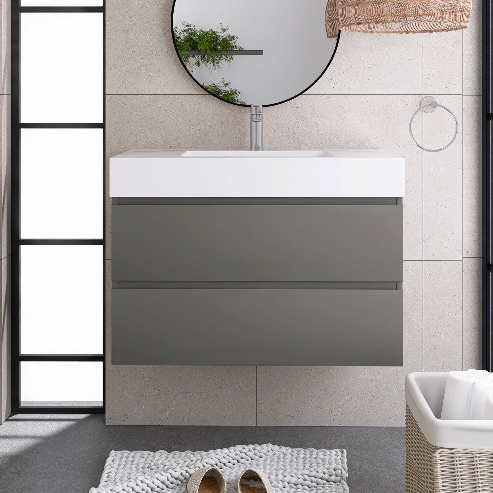 Wood Wall-Mounted Bathroom Vanity Set with Integrated Resin Sink, Grey, 36"