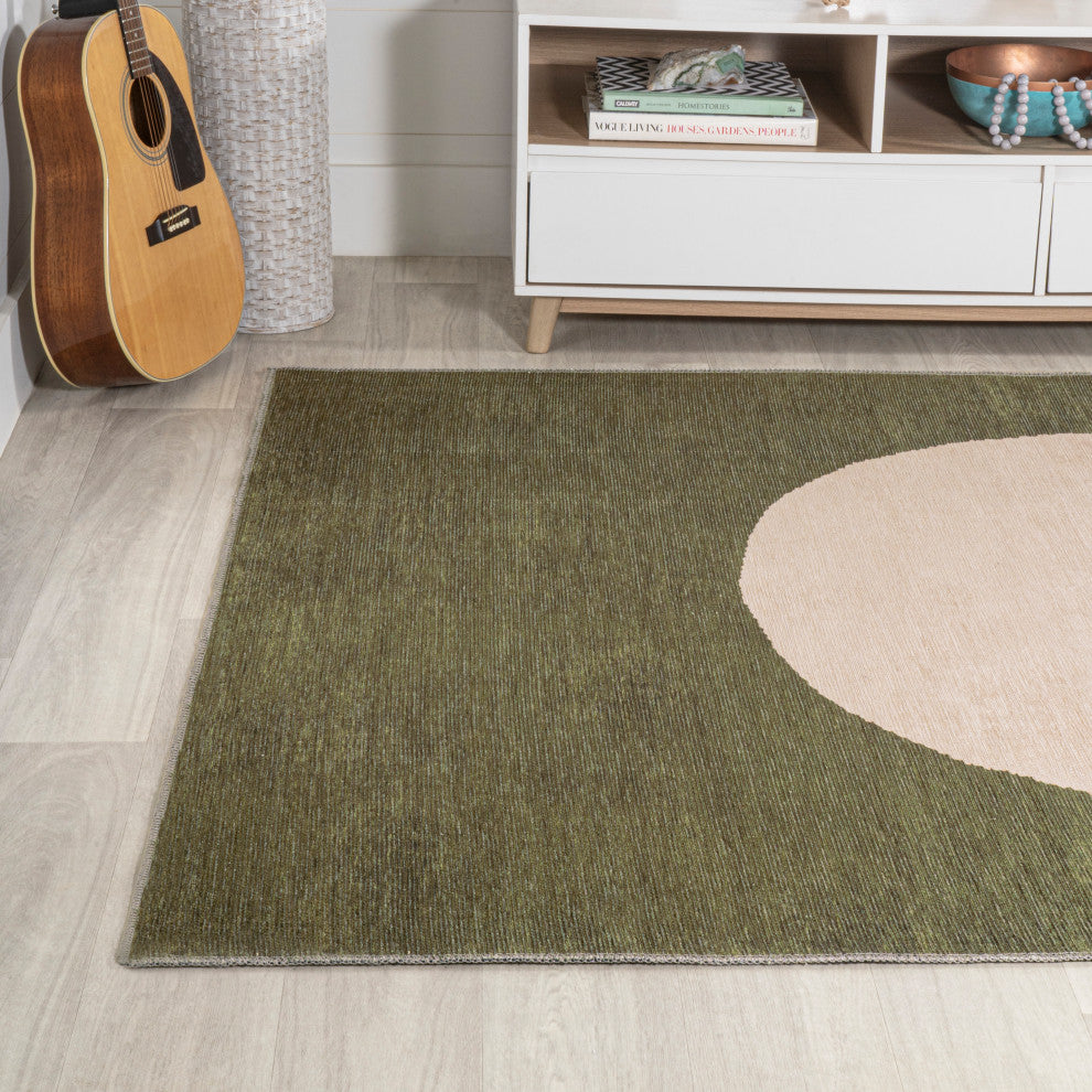 Cirkel Minimalist Geometric Dot Machine-Washable Area Rug, Olive/Cream, 4x6