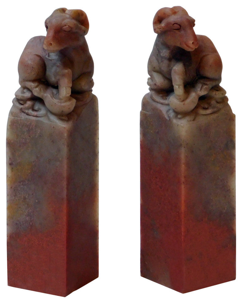 Pair Soap Stone Carved Lucky Zodiac Feng Shui Lamb Bar Statue -  Seal Stamp