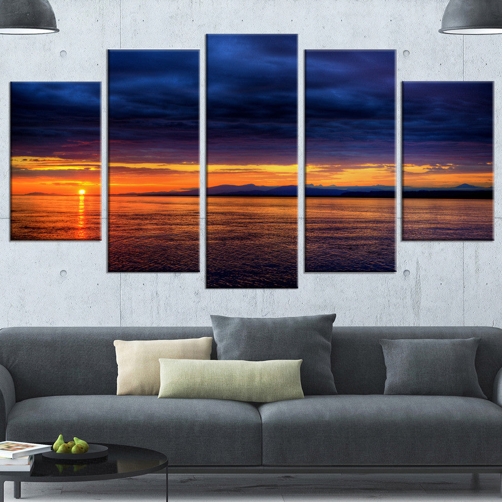 Blue Cloudy Sky and Setting Sun, Seashore Photo Canvas Print, 60"x32", 5 Panels