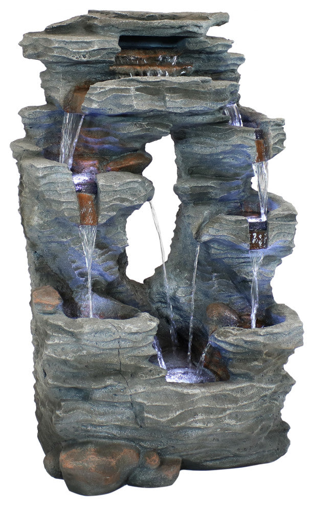 Sunnydaze Dual Cascading Rock Falls Water Fountain With LED Lights, 39"