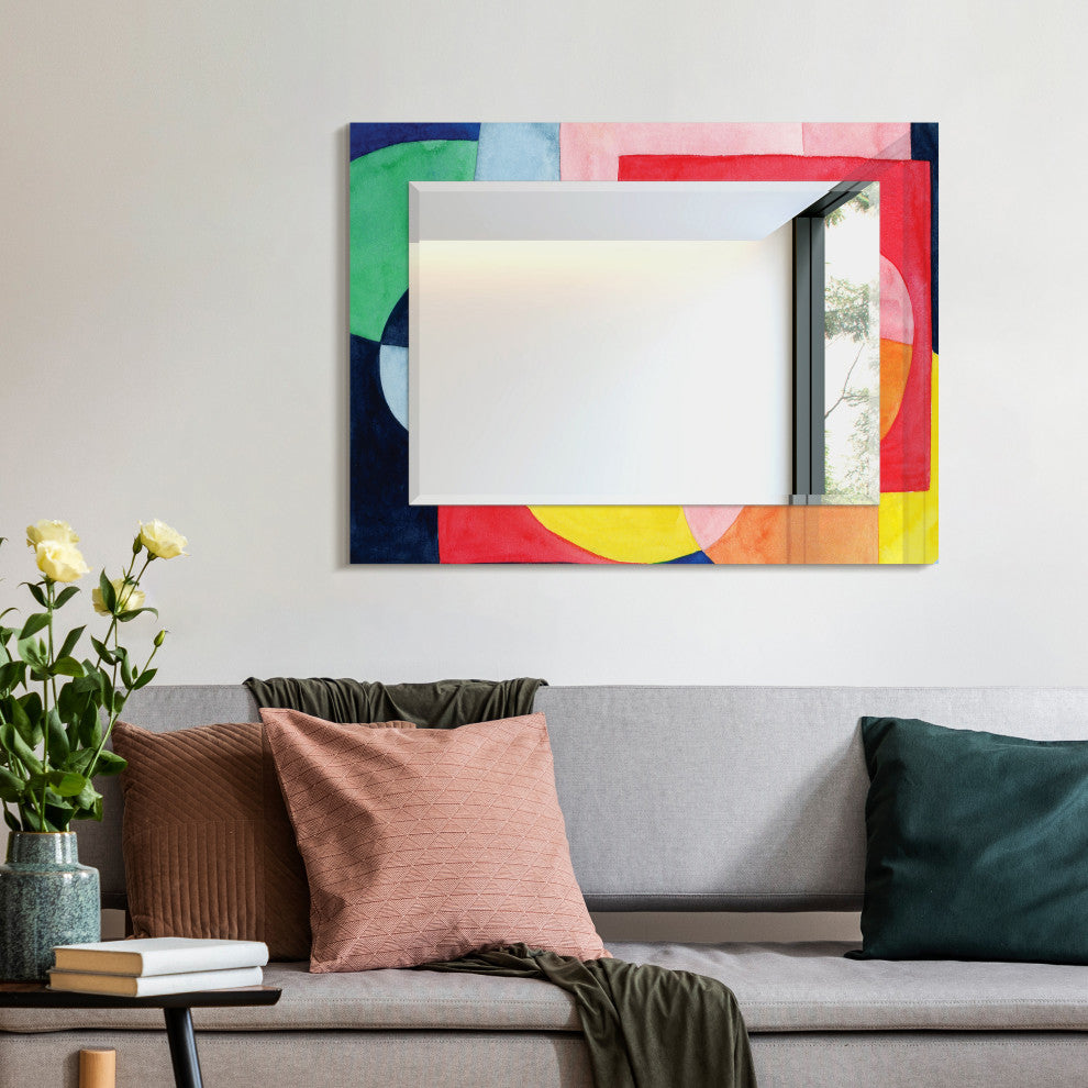 "Launder" Beveled Mirror on Printed Abstarct Tempered Art Glass, 40x30"