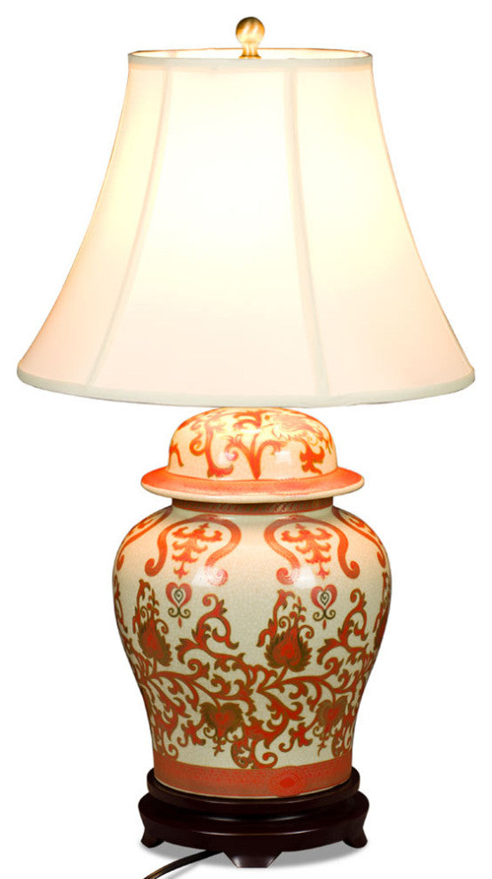 Red and Gold Floral Vine Motif Asian Temple Jar Porcelain Lamp