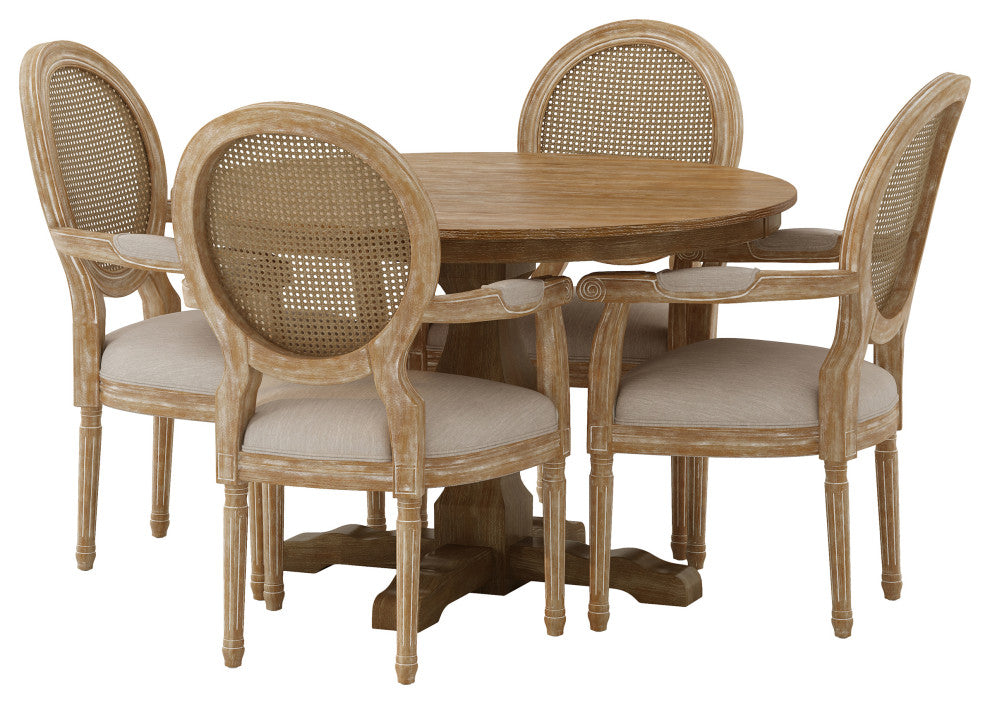 Bryan French Country Upholstered Wood and Cane 5-Piece Circular Dining Set, Natural/Beige