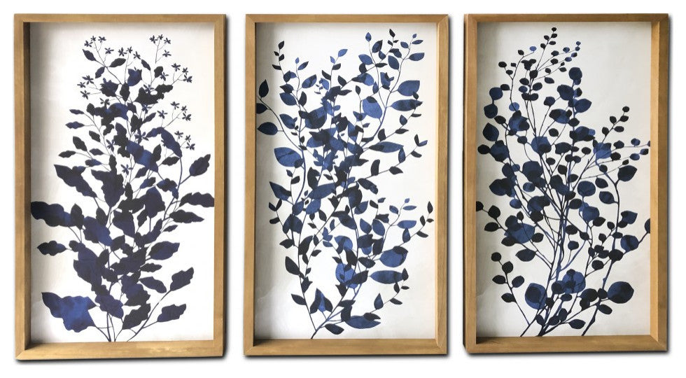 Set of Three Blue Branches Framed Canvas Wall Art