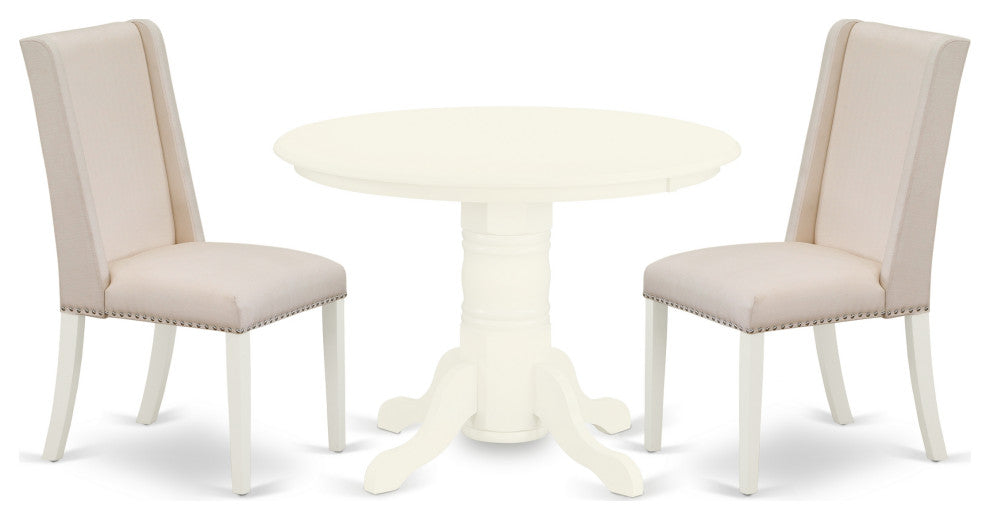 3Pc Dining Set, Round Table, 2 Upholstered Chairs, Linen White
