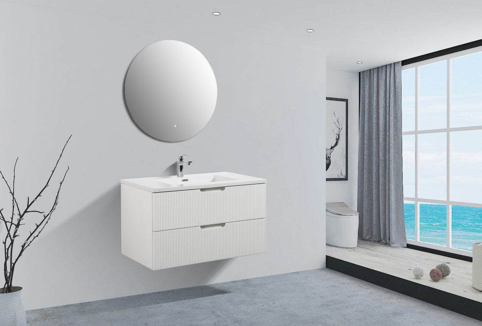Themis Series White Wall Mount Vanity With A Integrated Sink, 36"
