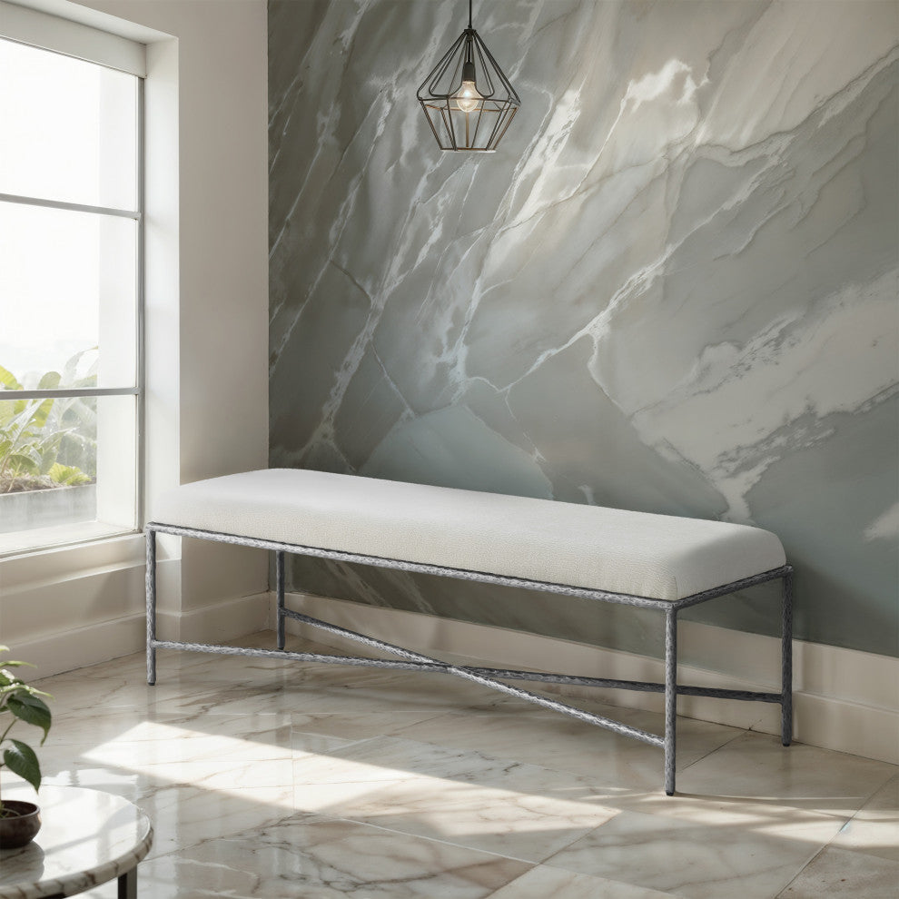 Valley Upholstered Bench, Cream, 54" W x 18" D, Silver, Chenille Fabric