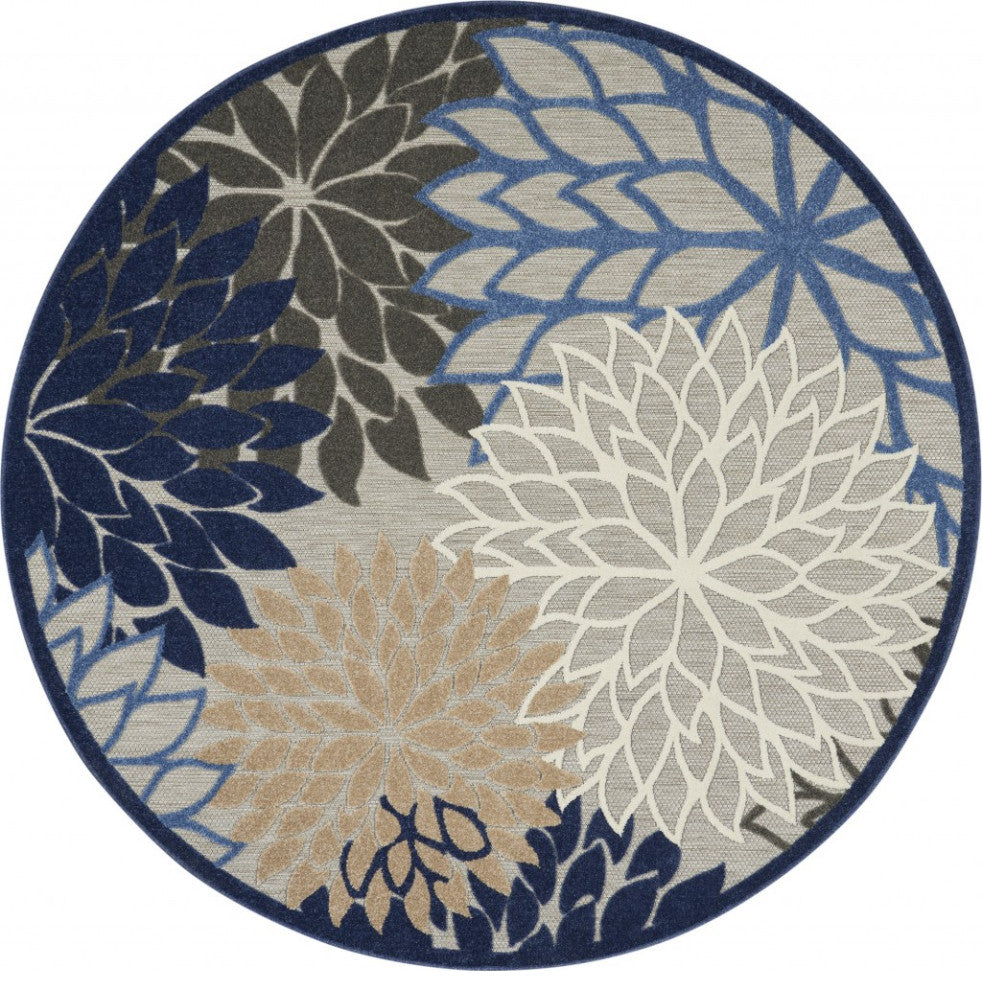 8' Round Blue And Gray Round Floral Indoor Outdoor Area Rug