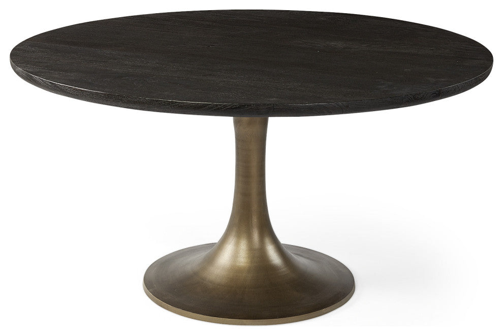 54" Black And Brass Rounded Solid Wood And Metal Pedestal Base Dining Table