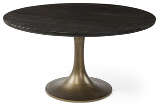 54" Black And Brass Rounded Solid Wood And Metal Pedestal Base Dining Table