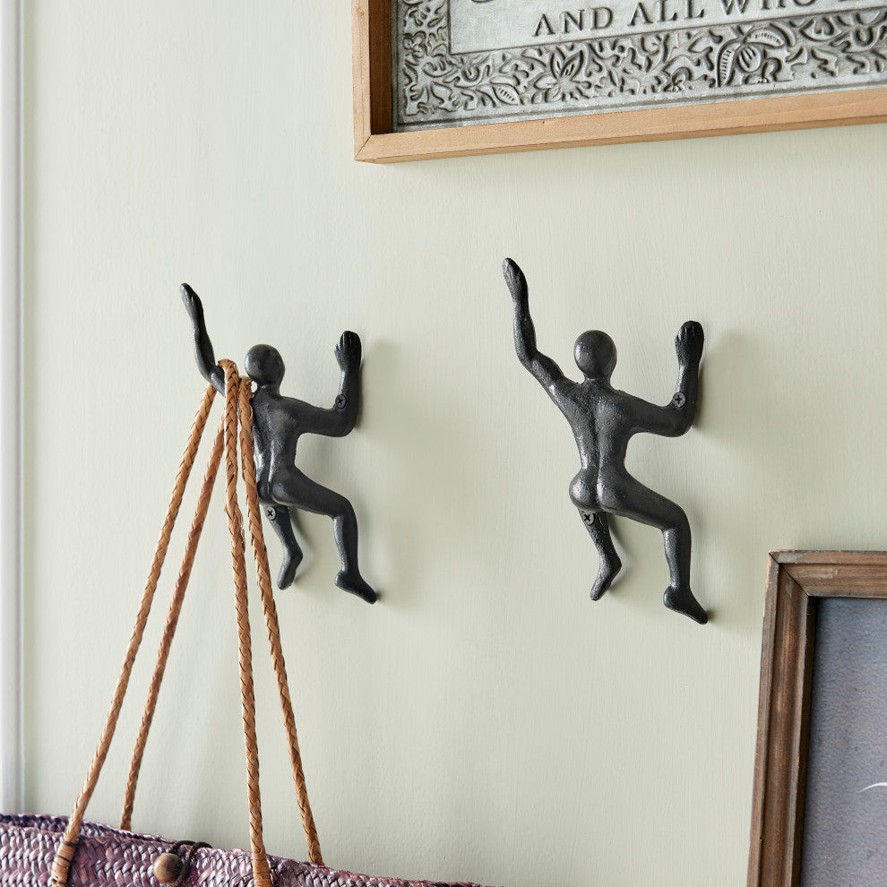"Wall Climber" Cast Iron Decorative Black Wall Mount Hook, Set of 2