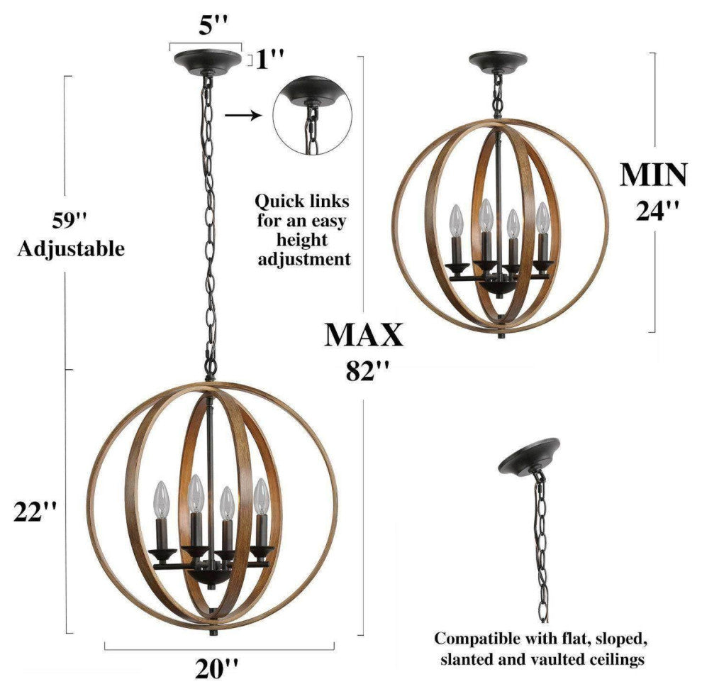 LNC Farmhouse Amtique Globe Brown Wood Chandelier for Kitchen Island, 4 Lights