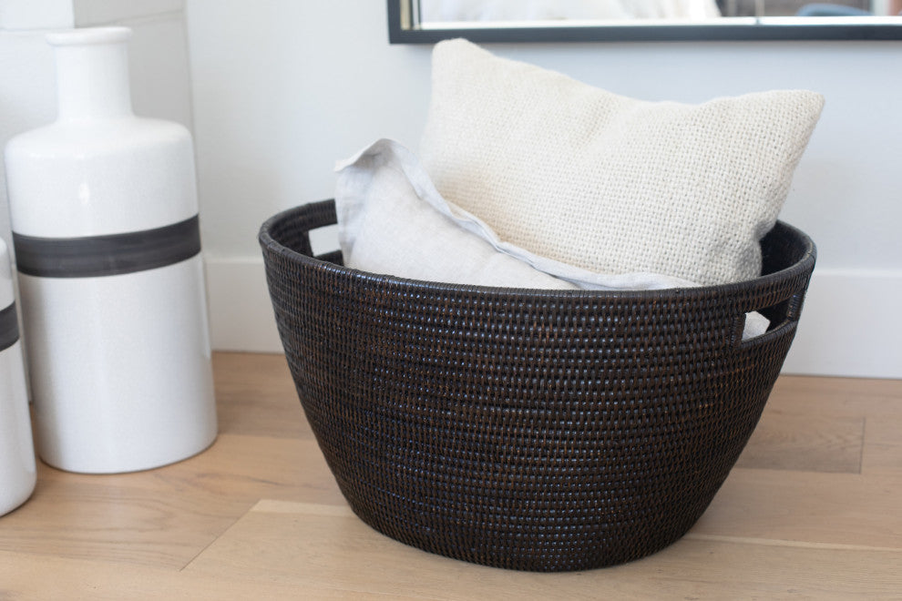 Artifacts Rattan Laundry Basket With Cutout Handles, Tudor Black