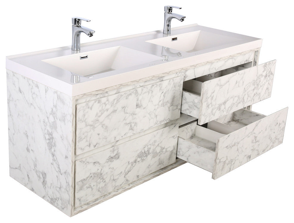 MOM 48" Wall Mounted Vanity With 4 Drawers and Acrylic Double Sink, Marble